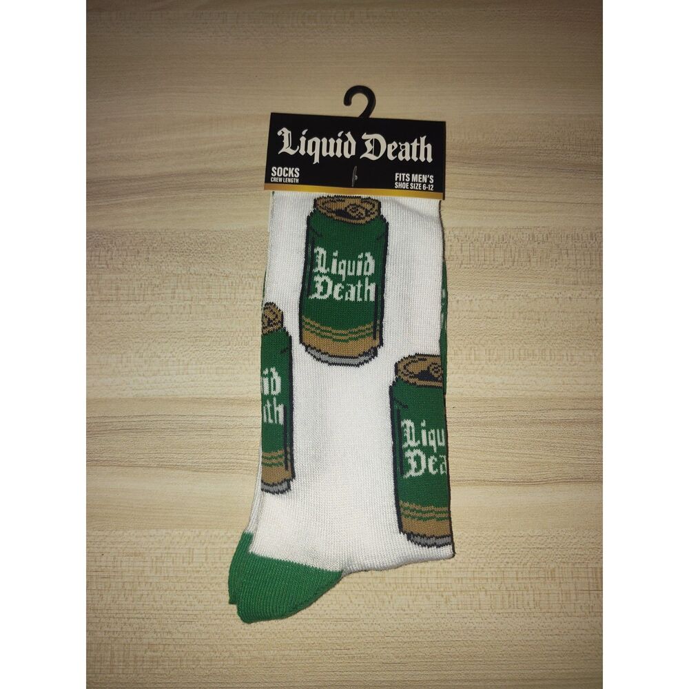 Liquid Death Branded Socks – NEW – White & Green Can Print – One Size Men 6–12